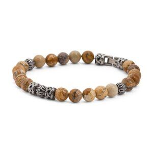 Blackjack Natural Jasper Stone Bead Bracelet Stainless Steel Accents